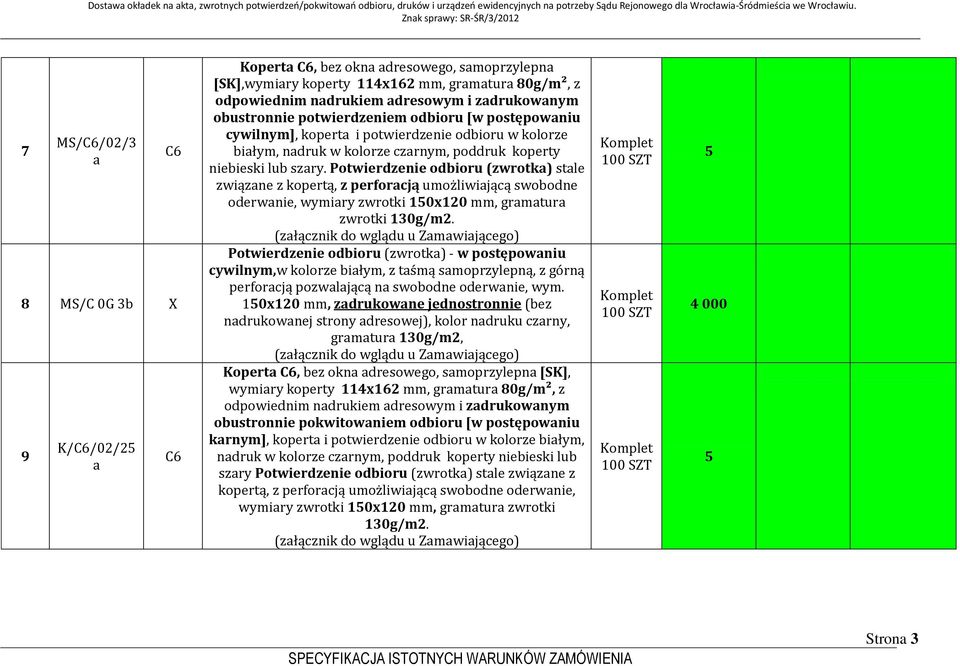 Potwierdzenie odbioru (zwrotka) stale związane z kopertą, z perforacją umożliwiającą swobodne oderwanie, wymiary zwrotki 50x20 mm, gramatura zwrotki 30g/m2.