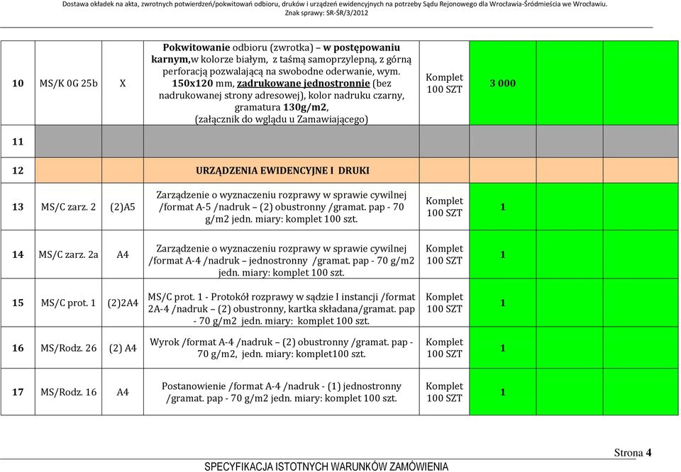 2 (2)A5 Zarządzenie o wyznaczeniu rozprawy w sprawie cywilnej /format A-5 /nadruk (2) obustronny /gramat. pap - 70 g/m2 jedn. miary: komplet 00 szt. 4 MS/C zarz.