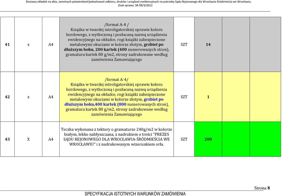 42 x A4 /format A-4/ Książka w twardej introligatorskiej oprawie koloru bordowego, z wytłoczoną i pozłacaną nazwą urządzenia ewidencyjnego na okładce, rogi książki zabezpieczone metalowymi okuciami w