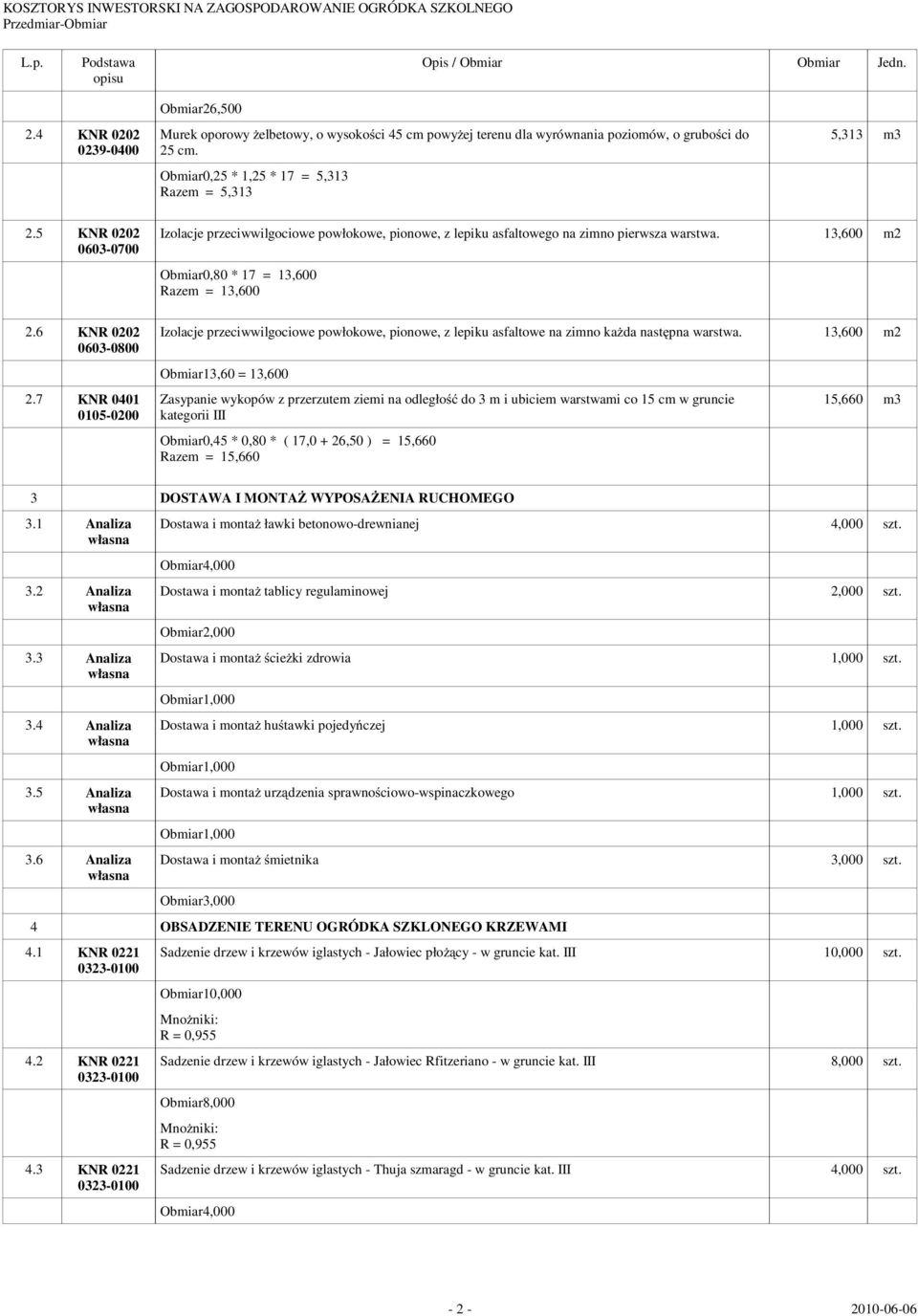 5 KNR 0202 0603-0700 2.6 KNR 0202 0603-0800 2.7 KNR 0401 0105-0200 Izolacje przeciwwilgociowe powłokowe, pionowe, z lepiku asfaltowego na zimno pierwsza warstwa.