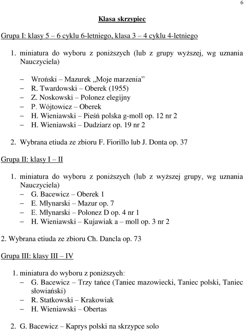 Fiorillo lub J. Donta op. 37 Grupa II: klasy I II 1. miniatura do wyboru z poniższych (lub z wyższej grupy, wg uznania Nauczyciela) G. Bacewicz Oberek 1 E. Młynarski Mazur op. 7 E.