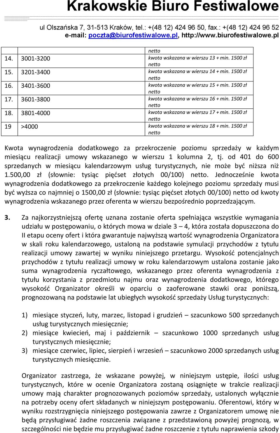 1500 zł Kwota wynagrodzenia dodatkowego za przekroczenie poziomu sprzedaży w każdym miesiącu realizacji umowy wskazanego w wierszu 1 kolumna 2, tj.