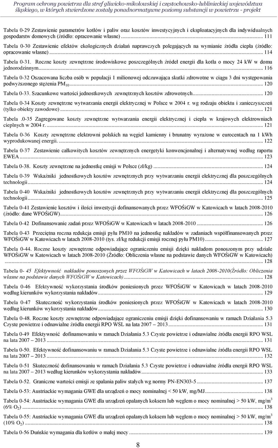 .. 111 Tabela 0-30 Zestawienie efektów ekologicznych działań naprawczych polegających na wymianie źródła ciepła (źródło: opracowanie własne)... 114 Tabela 0-31.