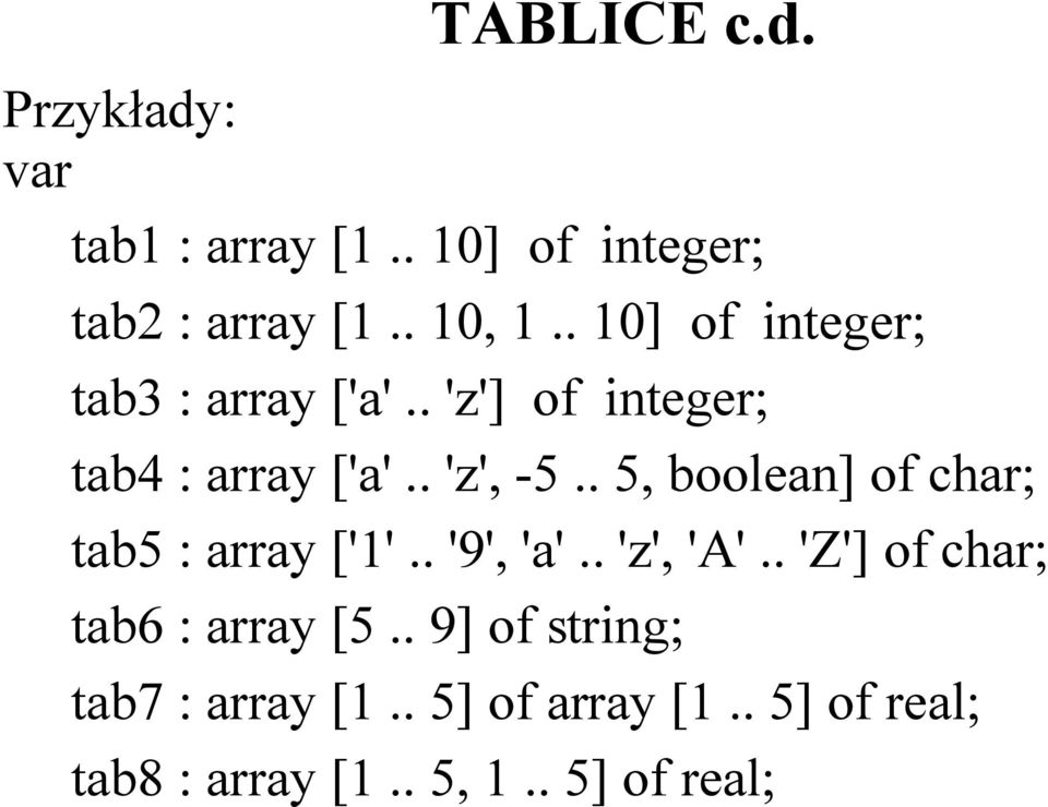 . 5, boolean] of char; tab5 : array ['1'.. '9', 'a'.. 'z', 'A'.
