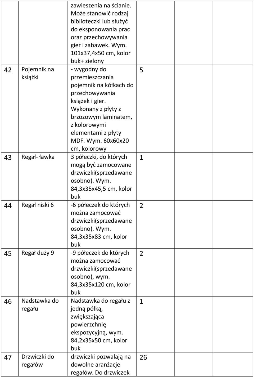 60x60x0 cm, kolorowy 4 Regał- ławka półeczki, do których mogą być zamocowane osobno). Wym. 4,xx4, cm, kolor 44 Regał niski 6-6 półeczek do których osobno). Wym. 4,xx cm, kolor 4 Regał duży 9-9 półeczek do których osobno), wym.