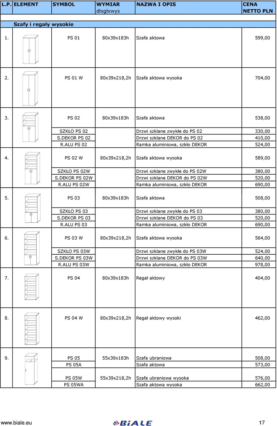 PS 02 W 80x39x218,2h Szafa aktowa wysoka 589,00 SZKŁO PS 02W Drzwi szklane zwykłe do PS 02W 380,00 S.DEKOR PS 02W Drzwi szklane DEKOR do PS 02W 520,00 R.