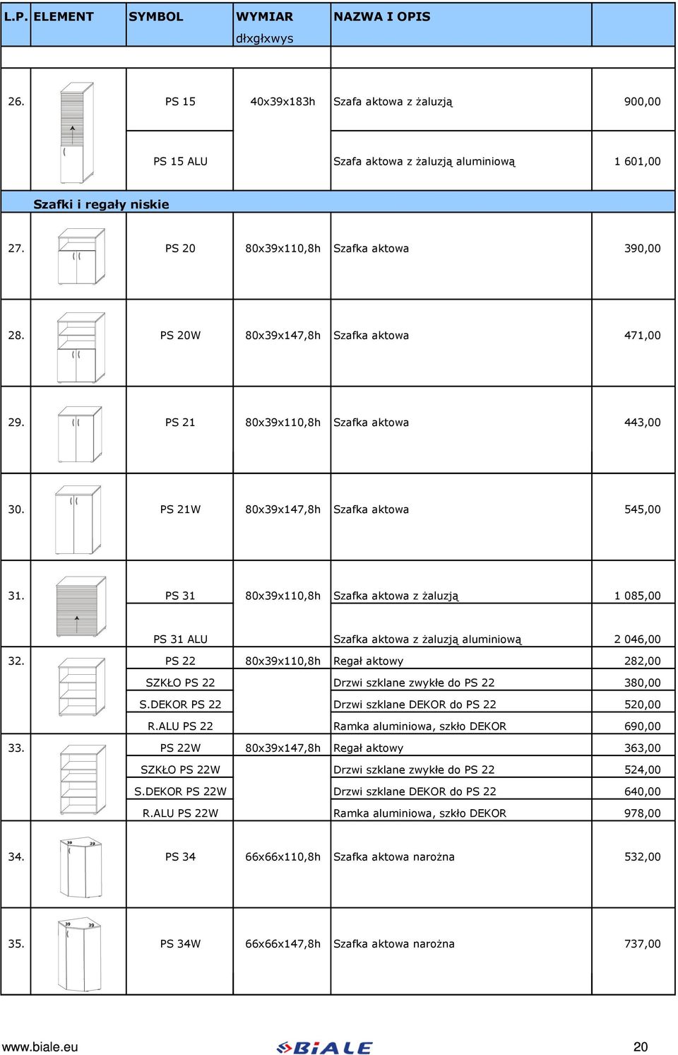 PS 31 80x39x110,8h Szafka aktowa z żaluzją 1 085,00 PS 31 ALU Szafka aktowa z żaluzją aluminiową 2 046,00 32. PS 22 80x39x110,8h Regał aktowy 282,00 SZKŁO PS 22 Drzwi szklane zwykłe do PS 22 380,00 S.