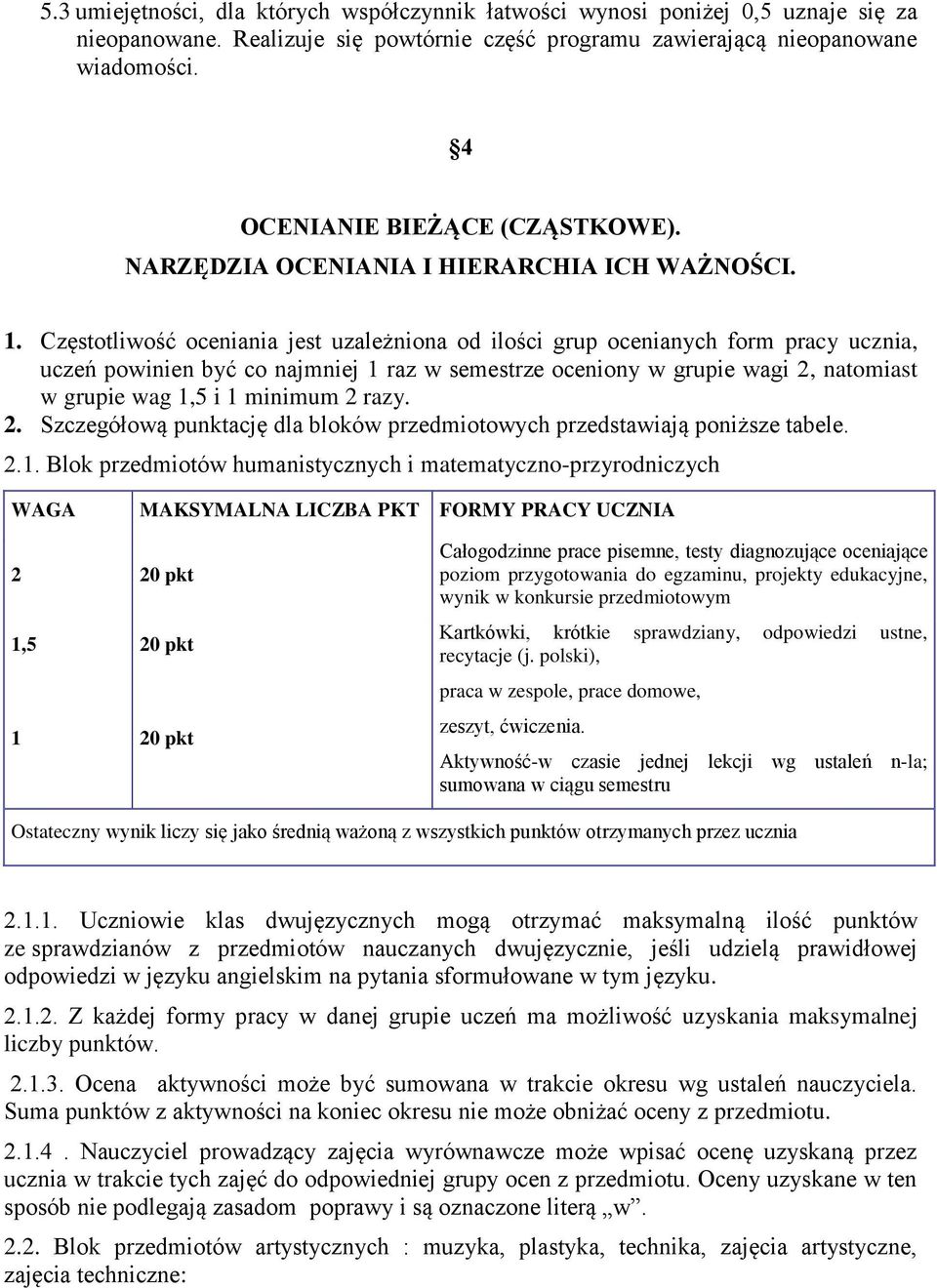 Częstotliwość oceniania jest uzależniona od ilości grup ocenianych form pracy ucznia, uczeń powinien być co najmniej 1 raz w semestrze oceniony w grupie wagi 2, natomiast w grupie wag 1,5 i 1 minimum