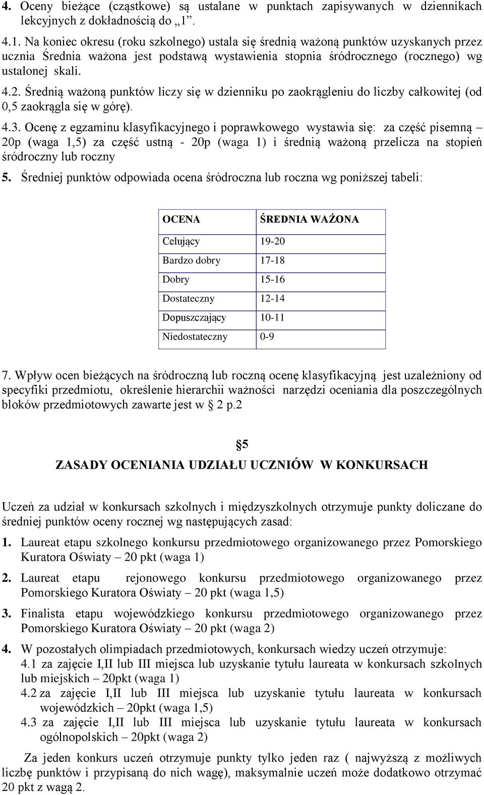 Średnią ważoną punktów liczy się w dzienniku po zaokrągleniu do liczby całkowitej (od 0,5 zaokrągla się w górę). 4.3.