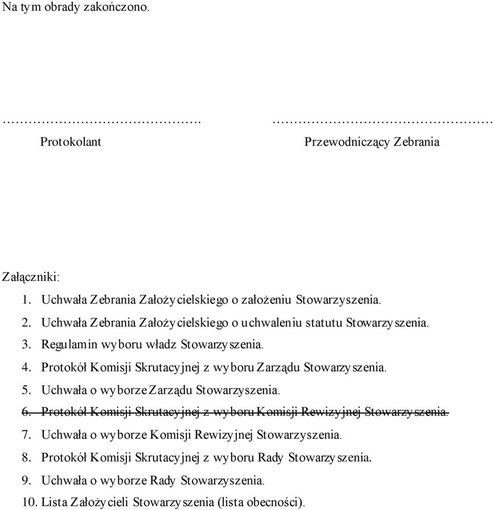 Protokół Komisji Skrutacyjnej z wyboru Zarządu Stowarzyszenia. 5. Uchwała o wyborze Zarządu Stowarzyszenia. 6.