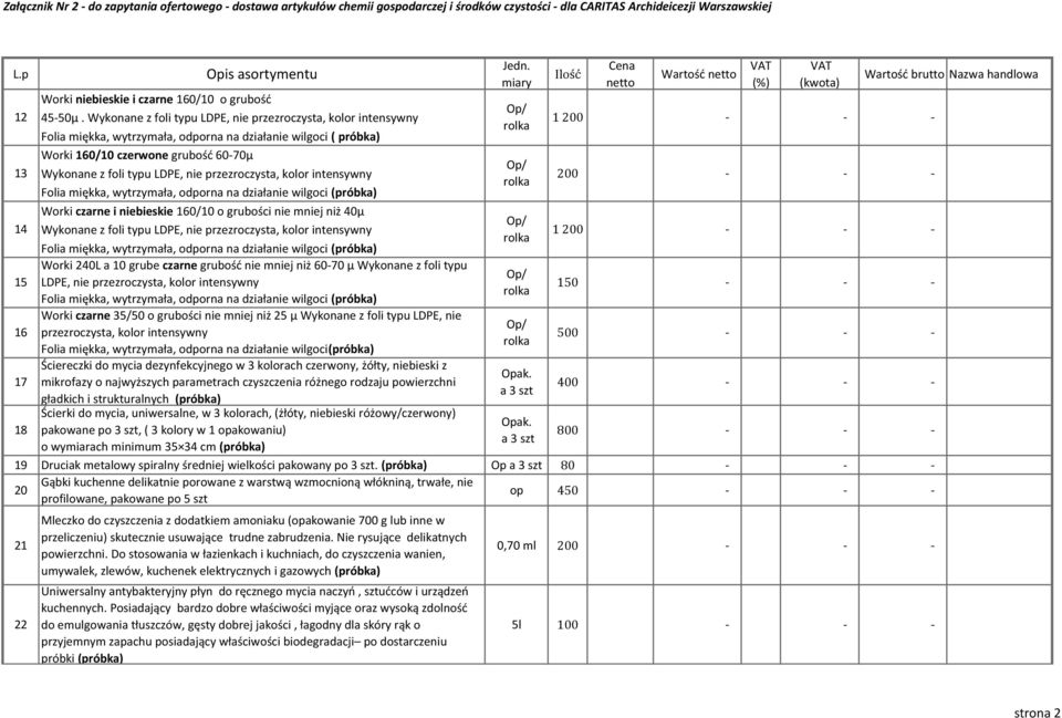 nie mniej niż 6070 µ Wykonane z foli typu 15 LDPE, nie przezroczysta, kolor intensywny Worki czarne 35/50 o grubości nie mniej niż 25 µ Wykonane z foli typu LDPE, nie 16 przezroczysta, kolor