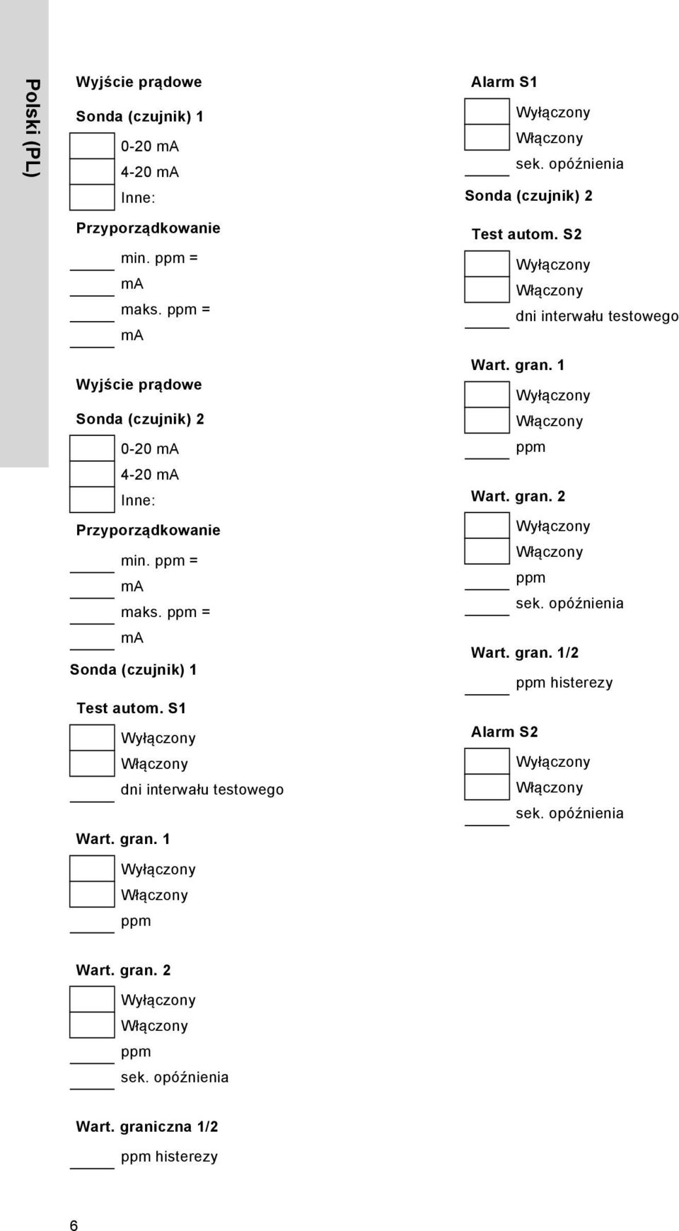S1 Włączony dni interwału testowego Wart. gran. 1 Włączony ppm Alarm S1 Włączony sek. opóźnienia Sonda (czujnik) 2 Test autom.