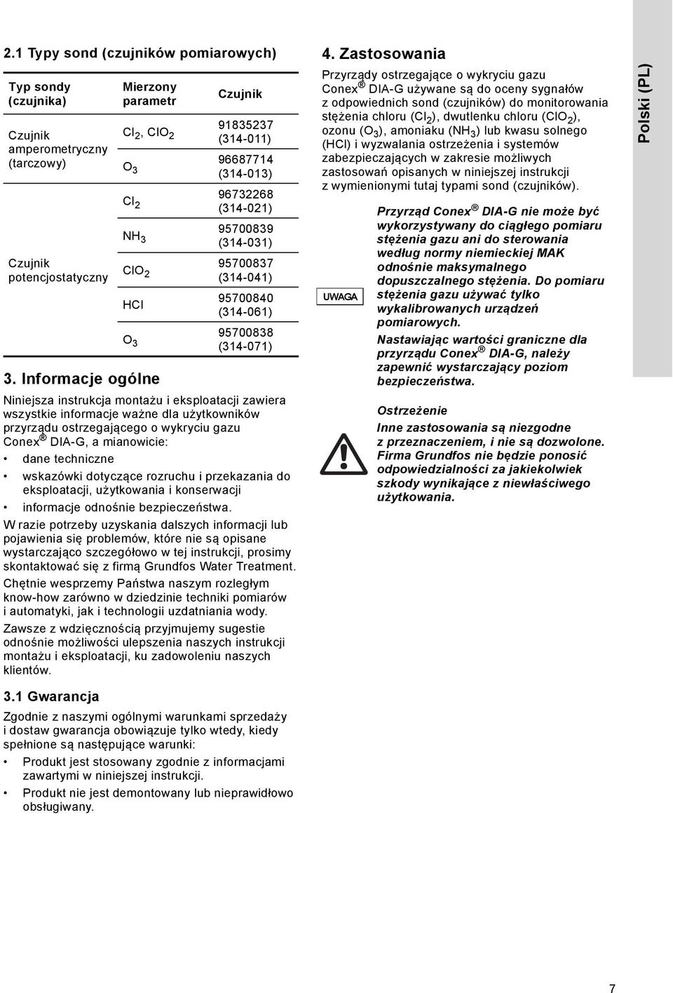 Niniejsza instrukcja montażu i eksploatacji zawiera wszystkie informacje ważne dla użytkowników przyrządu ostrzegającego o wykryciu gazu Conex DIA-G, a mianowicie: dane techniczne wskazówki dotyczące