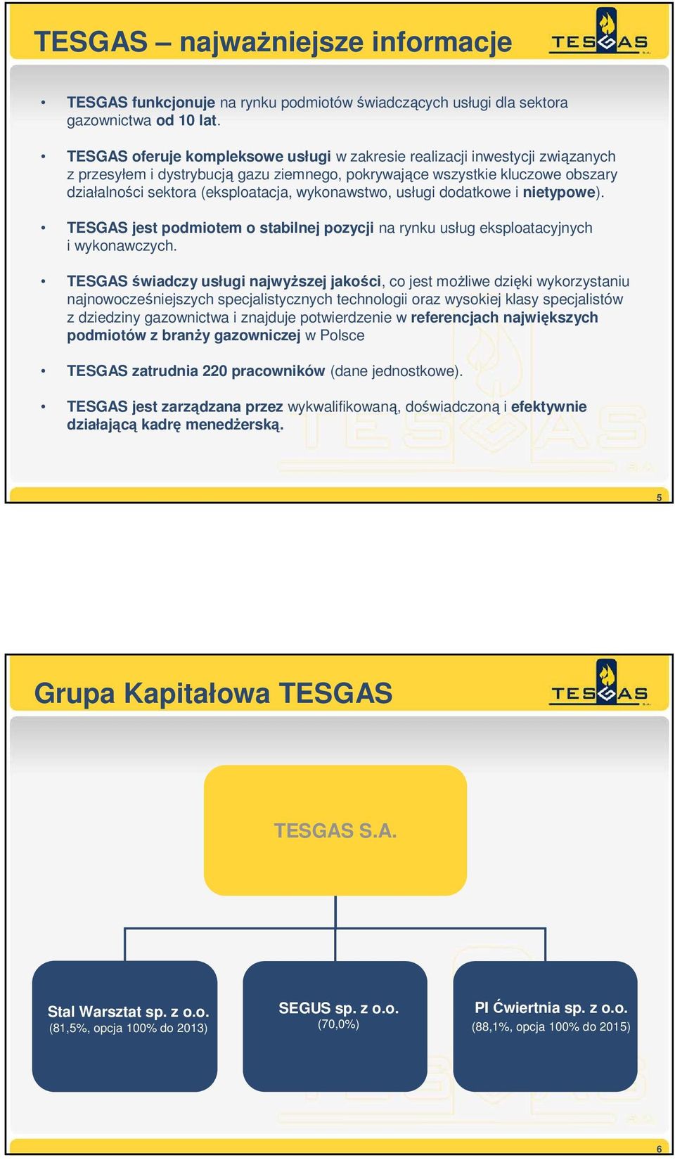 wykonawstwo, usługi dodatkowe i nietypowe). TESGAS jest podmiotem o stabilnej pozycji na rynku usług eksploatacyjnych i wykonawczych.