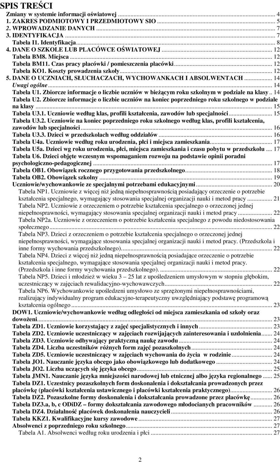 DANE O UCZNIACH, SŁUCHACZACH, WYCHOWANKACH I ABSOLWENTACH... 14 Uwagi ogólne... 14 Tabela U1. Zbiorcze informacje o liczbie uczniów w bieŝącym roku szkolnym w podziale na klasy.. 14 Tabela U2.