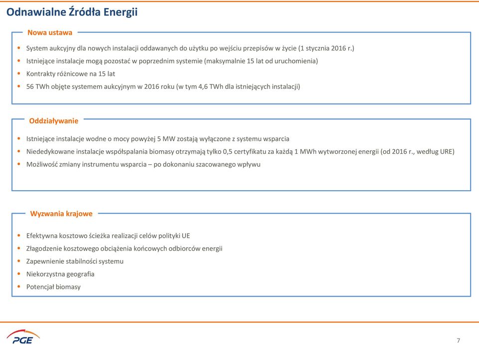 istniejących instalacji) Oddziaływanie Istniejące instalacje wodne o mocy powyżej 5 MW zostają wyłączone z systemu wsparcia Niededykowane instalacje współspalania biomasy otrzymają tylko 0,5