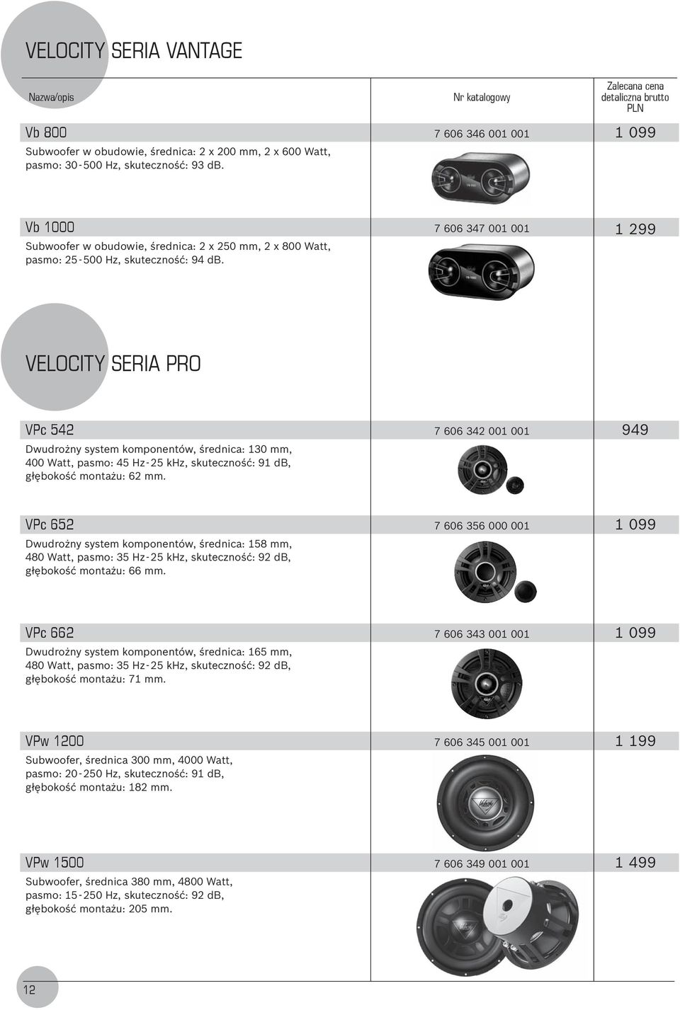 7 606 347 001 001 1 299 VELOCITY SERIA PRO VPc 542 Dwudrożny system komponentów, średnica: 130 mm, 400 Watt, pasmo: 45 Hz - 25 khz, skuteczność: 91 db, głębokość montażu: 62 mm.