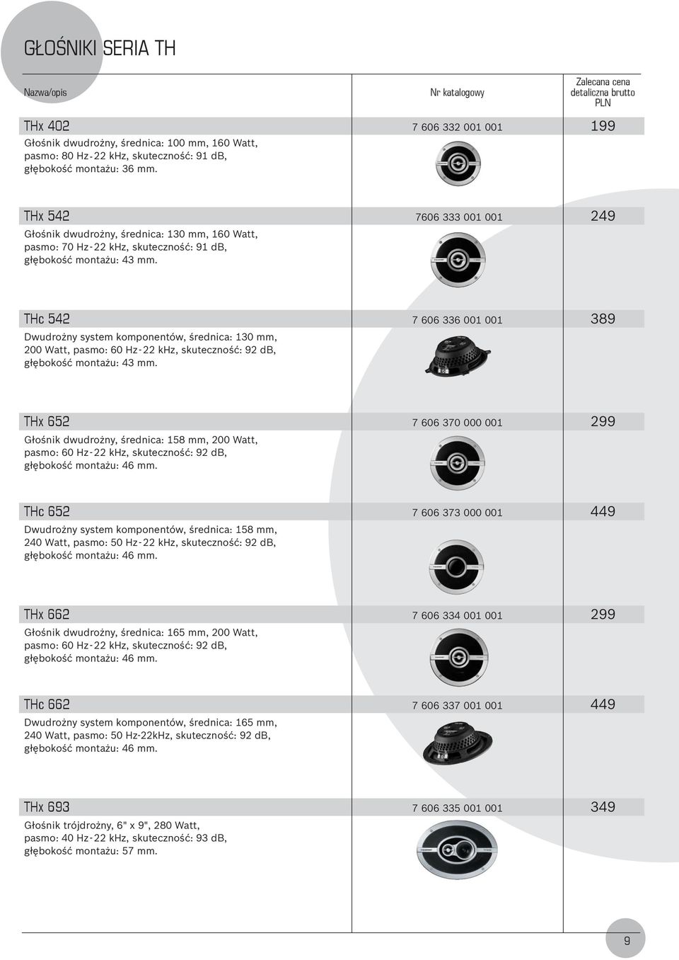 7606 333 001 001 249 THc 542 Dwudrożny system komponentów, średnica: 130 mm, 200 Watt, pasmo: 60 Hz - 22 khz, skuteczność: 92 db, głębokość montażu: 43 mm.