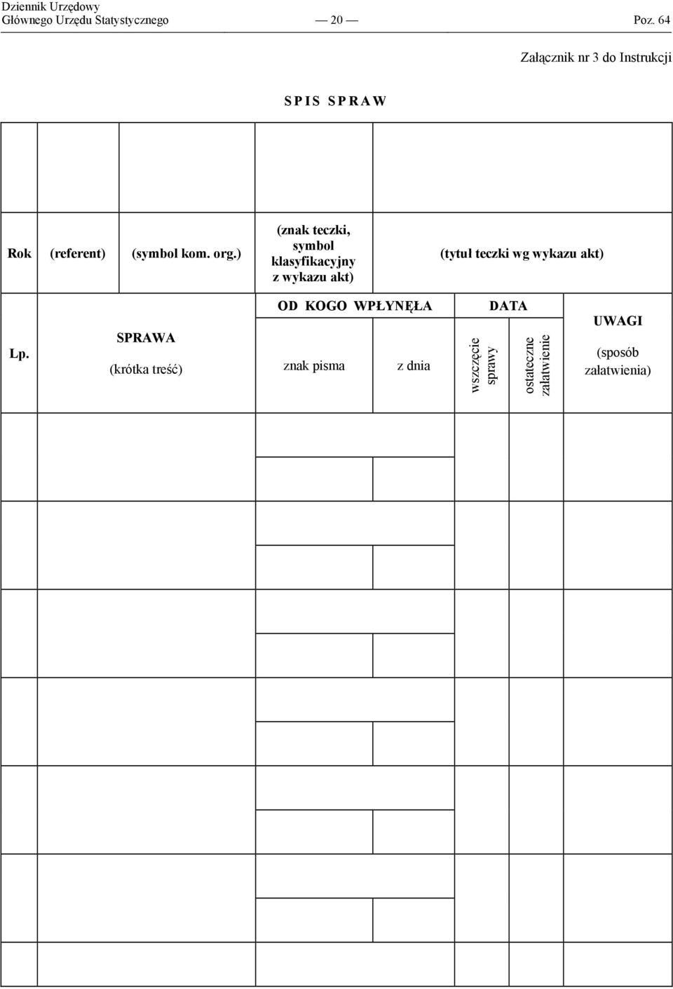 ) (znak teczki, symbol klasyfikacyjny z wykazu akt) (tytuł teczki wg wykazu akt) Lp.