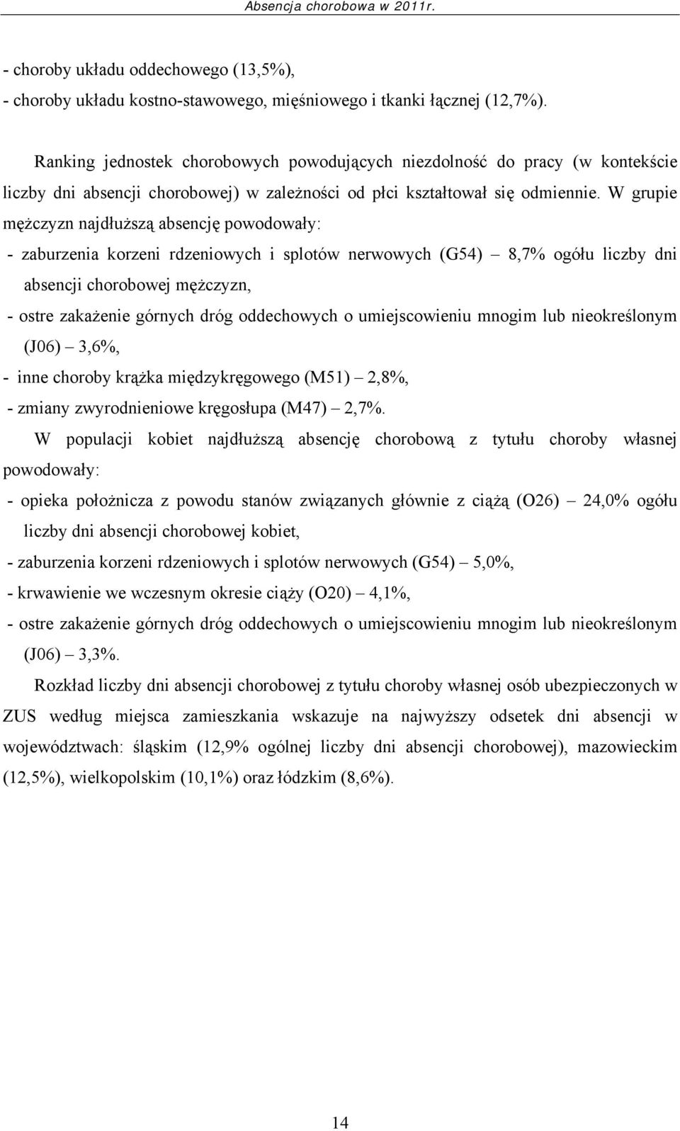 W grupie mężczyzn najdłuższą absencję powodowały: - zaburzenia korzeni rdzeniowych i splotów nerwowych (G54) 8,7% ogółu liczby dni absencji chorobowej mężczyzn, - ostre zakażenie górnych dróg