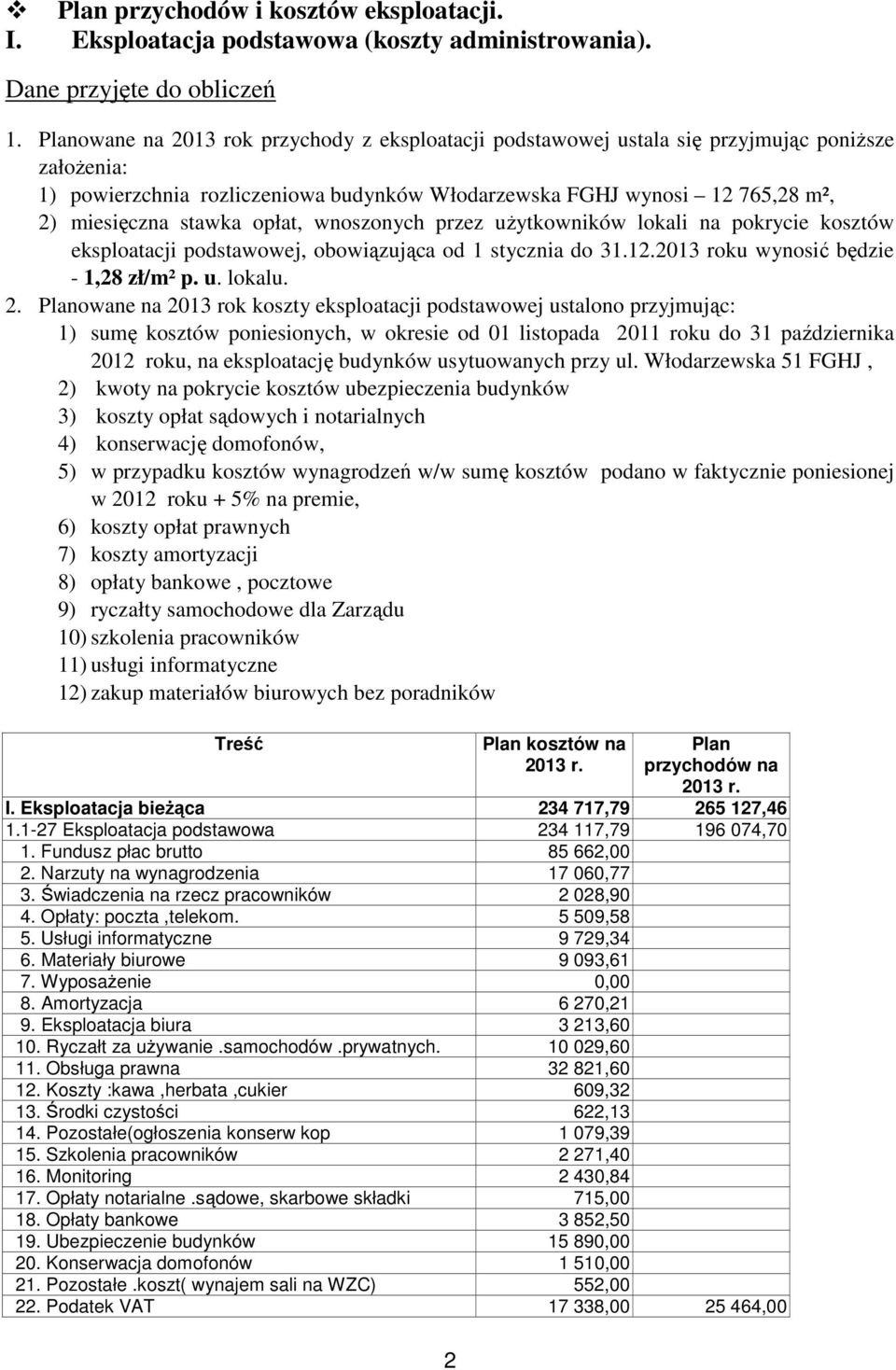 przez użytkowników lokali na pokrycie kosztów eksploatacji podstawowej, obowiązująca od 1 stycznia do 31.12.u wynosić będzie - 1,28 zł/m² p. u. lokalu. 2.