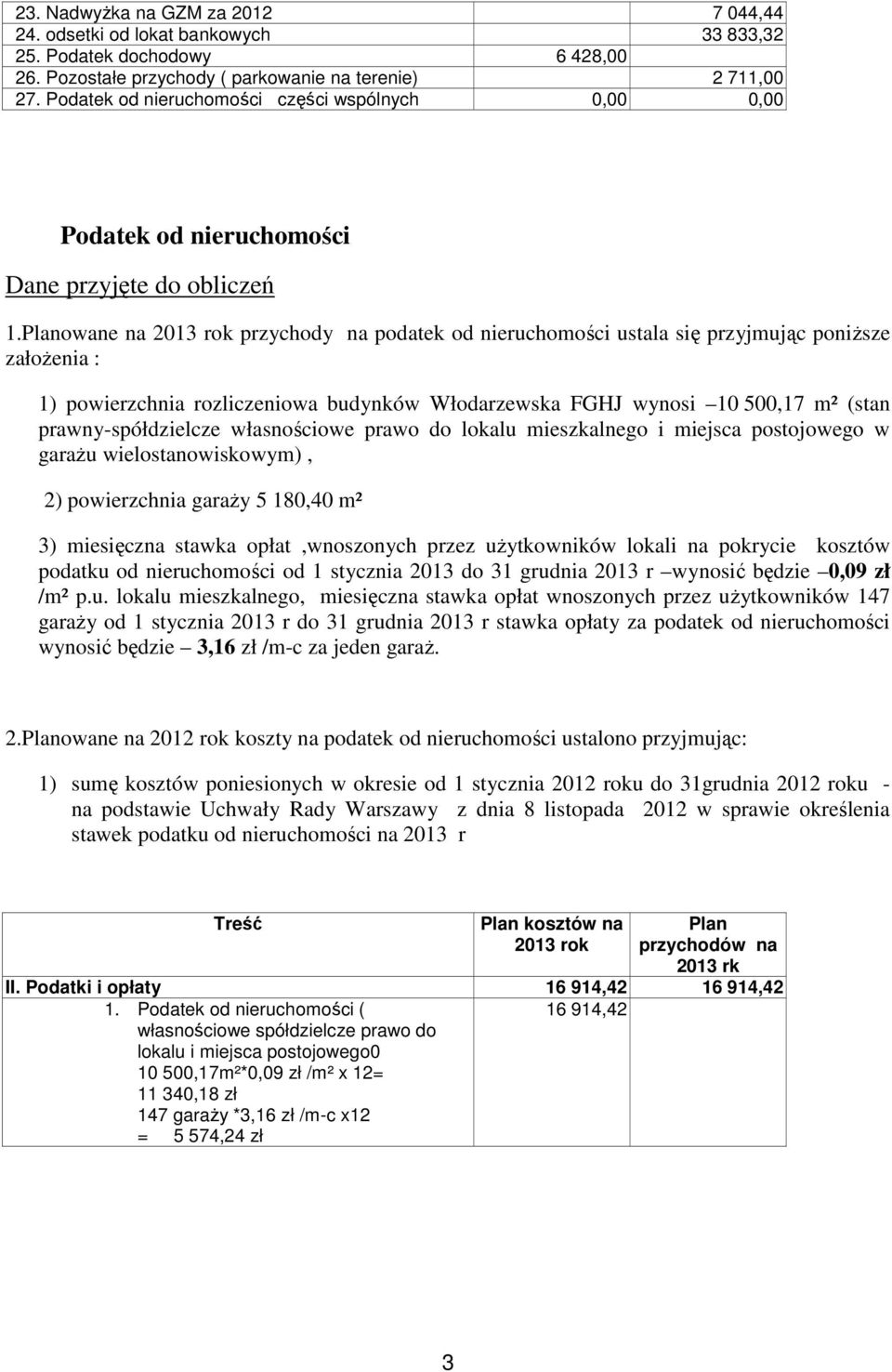 na podatek od nieruchomości ustala się przyjmując poniższe założenia : 1) powierzchnia rozliczeniowa budynków Włodarzewska FGHJ wynosi 10 500,17 m² (stan prawny-spółdzielcze własnościowe prawo do