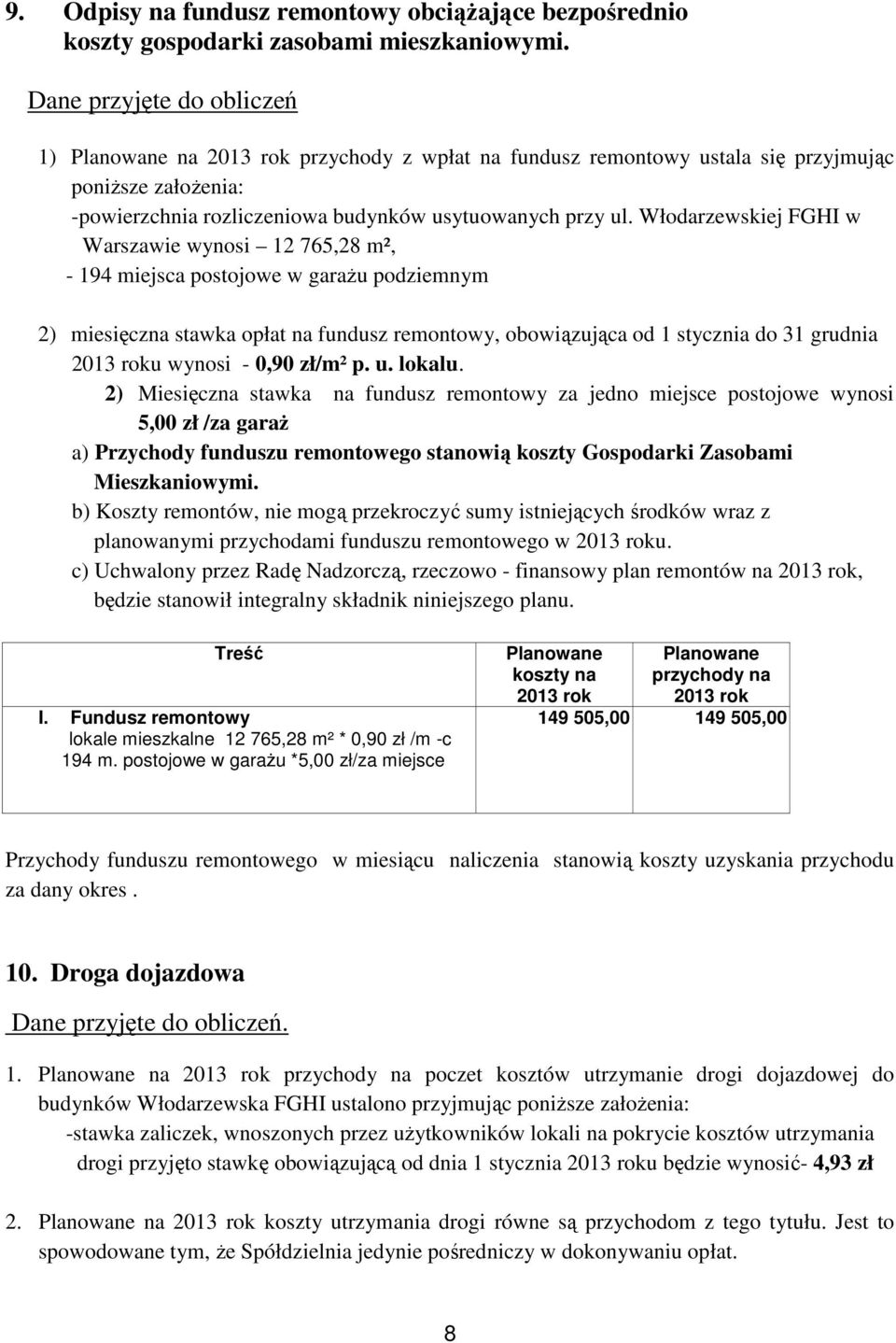 Włodarzewskiej FGHI w Warszawie wynosi 12 765,28 m², - 194 miejsca postojowe w garażu podziemnym 2) miesięczna stawka opłat na fundusz remontowy, obowiązująca od 1 stycznia do 31 grudnia u wynosi -