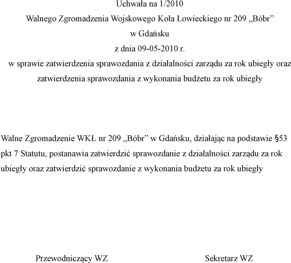 209 Bóbr, działając na podstawie 53 pkt 7 Statutu, postanawia zatwierdzić sprawozdanie z