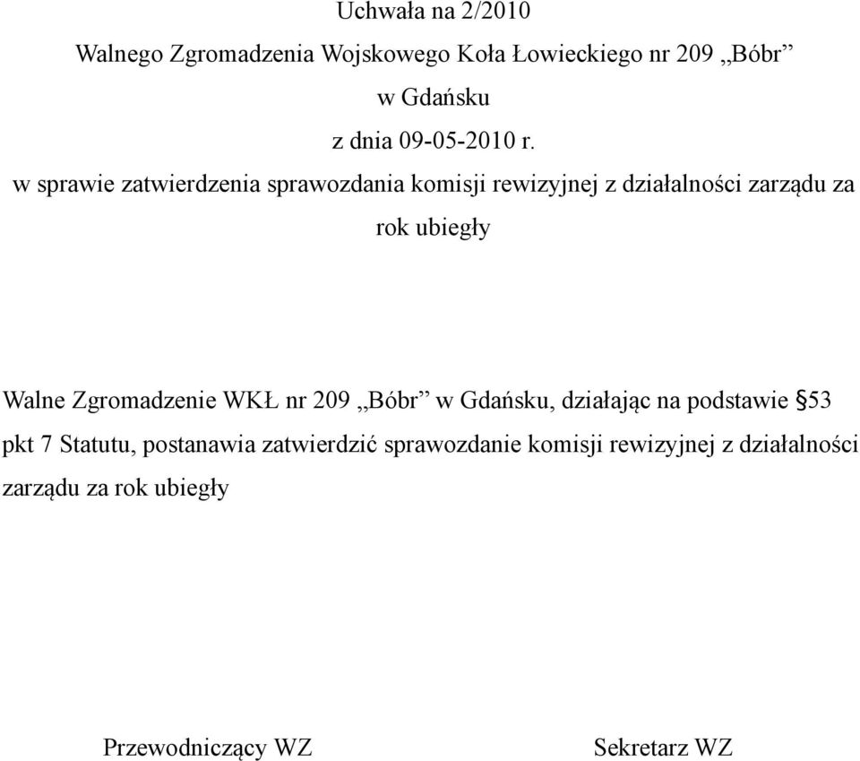 WKŁ nr 209 Bóbr, działając na podstawie 53 pkt 7 Statutu, postanawia