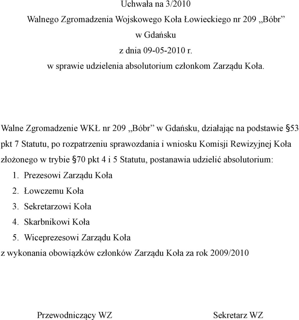 Komisji Rewizyjnej Koła złożonego w trybie 70 pkt 4 i 5 Statutu, postanawia udzielić absolutorium: 1.