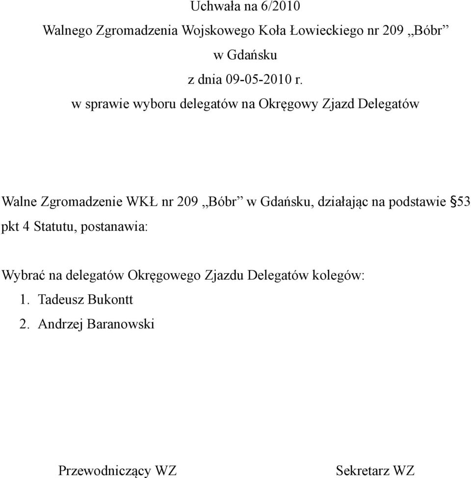 podstawie 53 pkt 4 Statutu, postanawia: Wybrać na delegatów