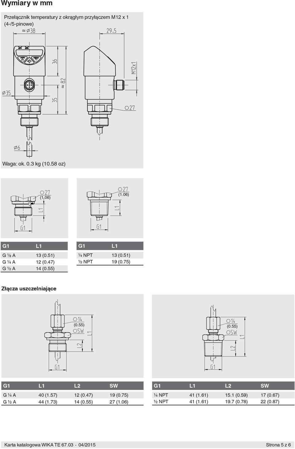 75) Złącza uszczelniające (0.55) (0.55) G1 L1 L2 SW G ¼ A 40 (1.57) 12 (0.47) 19 (0.75) G ½ A 44 (1.