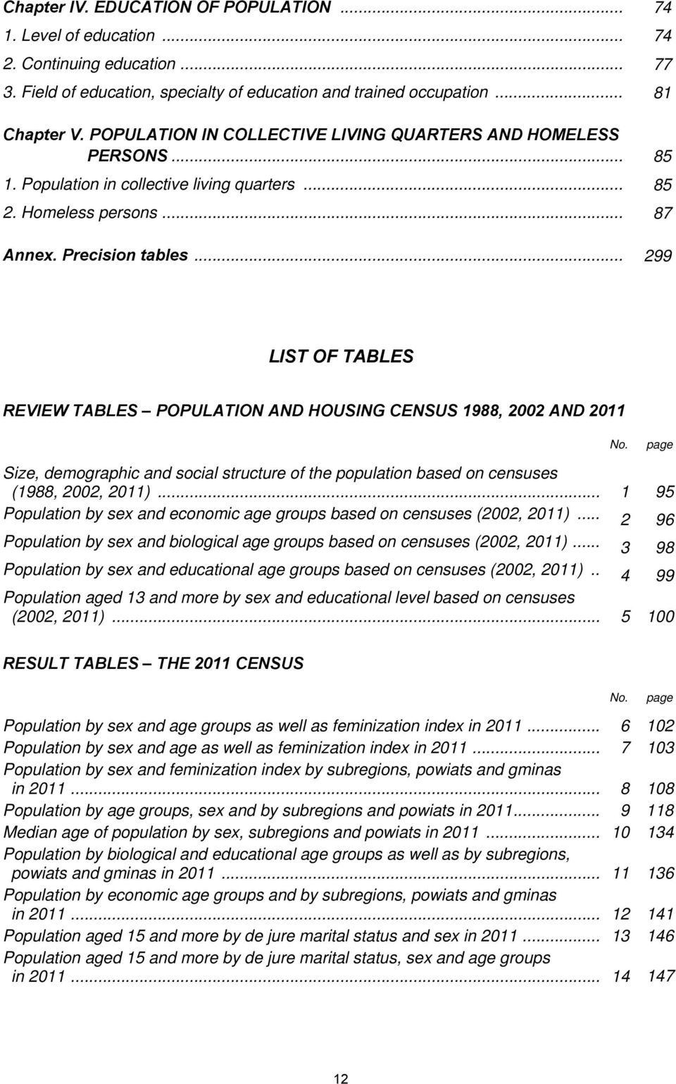 .. 299 LIST OF TABLES REVIEW TABLES POPULATION AND HOUSING CENSUS 1988, 2002 AND 2011 No. page Size, demographic and social structure of the population based on censuses (1988, 2002, 2011).