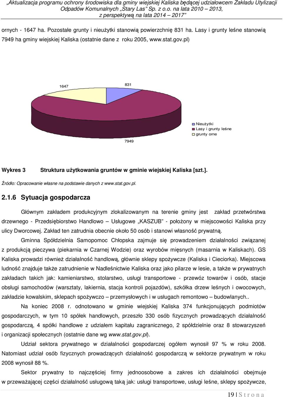 pl) 1647 831 Nieużytki Lasy i grunty leśne grunty orne 7949 Wykres 3 Struktura użytkowania gruntów w gminie wiejskiej Kaliska [szt.]. Źródło: Opracowanie własne na podstawie danych z www.stat.gov.pl. 2.