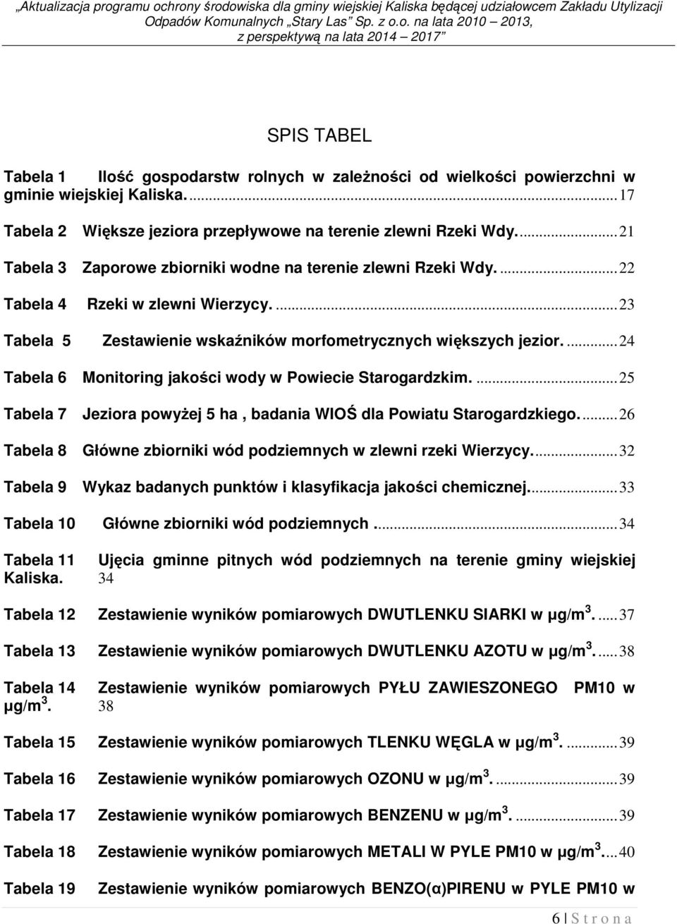 ...23 Tabela 5 Zestawienie wskaźników morfometrycznych większych jezior....24 Tabela 6 Monitoring jakości wody w Powiecie Starogardzkim.