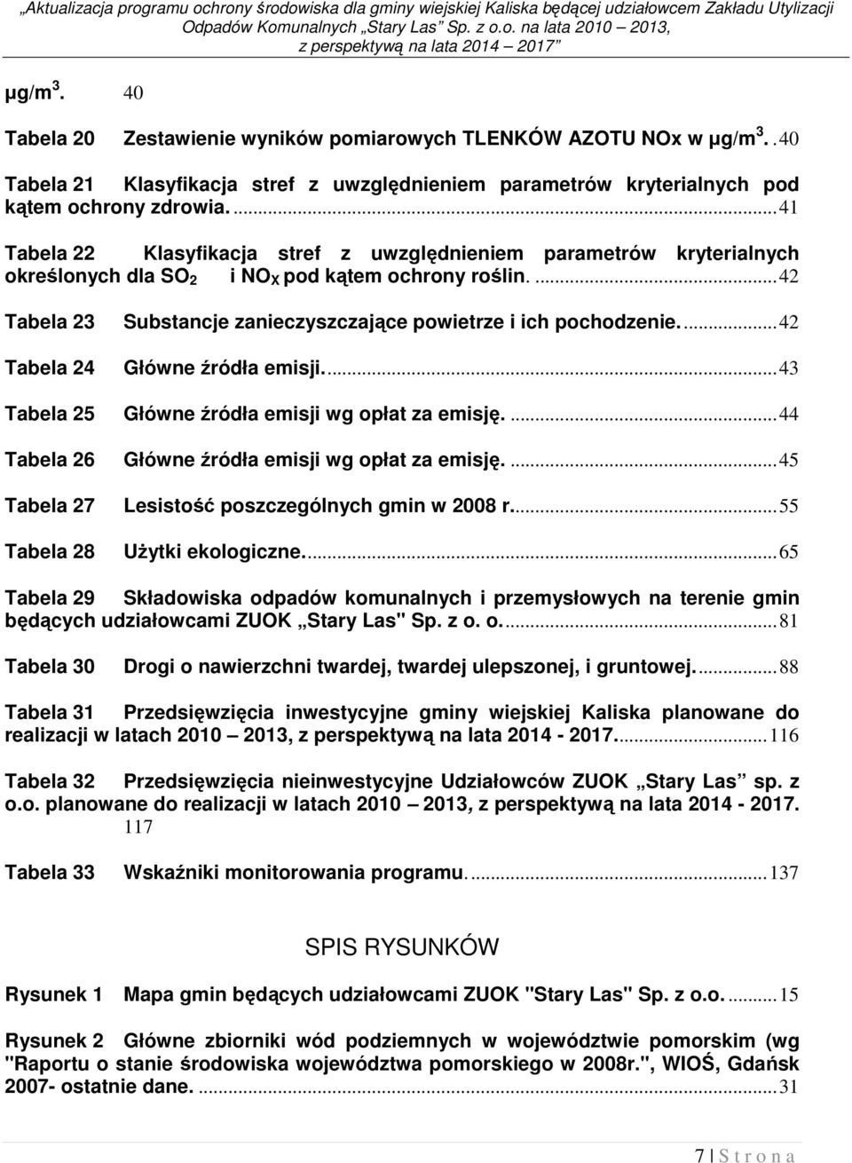 ...41 Tabela 22 Klasyfikacja stref z uwzględnieniem parametrów kryterialnych określonych dla SO 2 i NO X pod kątem ochrony roślin....42 Tabela 23 Substancje zanieczyszczające powietrze i ich pochodzenie.