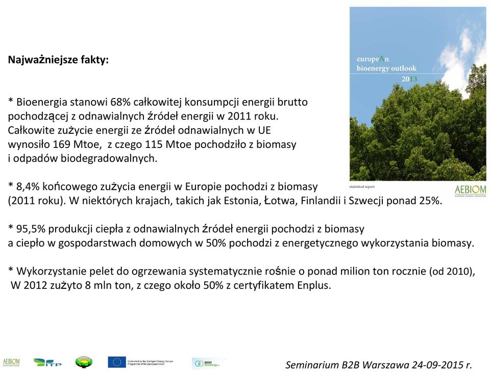 * 8,4% końcowego zużycia energii w Europie pochodzi z biomasy (2011 roku). W niektórych krajach, takich jak Estonia, Łotwa, Finlandii i Szwecji ponad 25%.