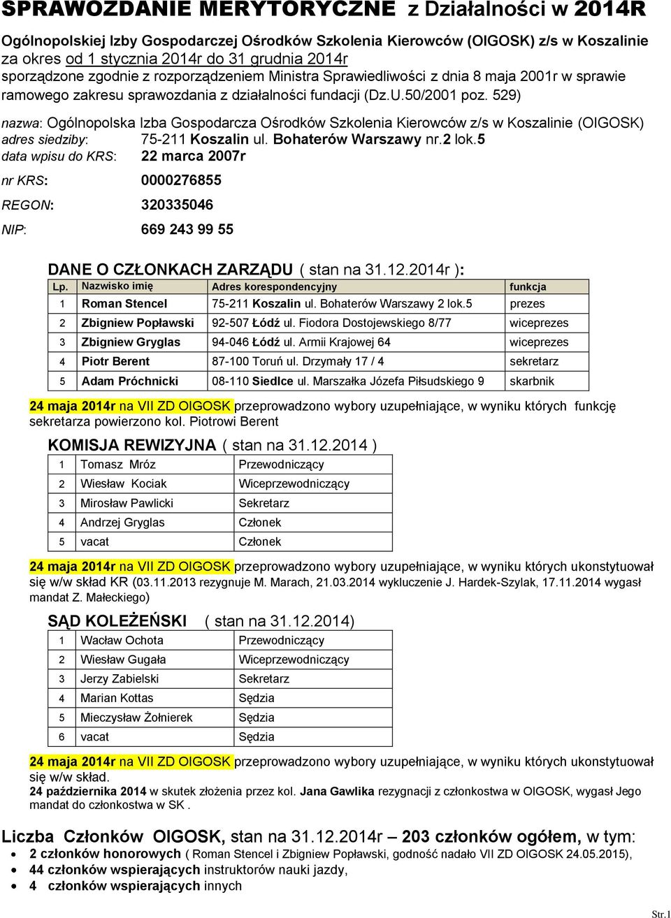 529) nazwa: Ogólnopolska Izba Gospodarcza Ośrodków Szkolenia Kierowców z/s w Koszalinie (OIGOSK) adres siedziby: 75-211 Koszalin ul. Bohaterów Warszawy nr.2 lok.