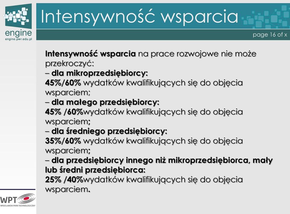 do objęcia wsparciem; dla średniego przedsiębiorcy: 35%/60% wydatków kwalifikujących się do objęcia wsparciem; dla