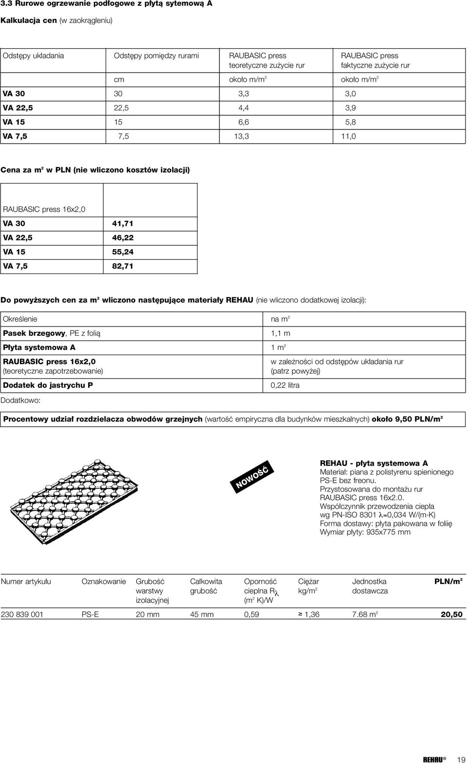 46,22 VA 15 55,24 VA 7,5 82,71 Do powy szych cen za m 2 wliczono nast pujàce materia y REHAU (nie wliczono dodatkowej izolacji): OkreÊlenie na m 2 Pasek brzegowy, PE z folià 1,1 m P yta systemowa A 1