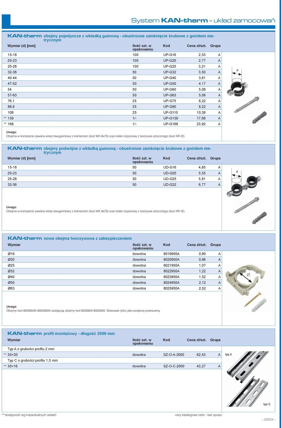 UP-G75 8,22 A 88,9 25 UP-G90 8,22 A 108 25 UP-G110 10,38 A ** 139 1/- UP-G139 17,68 A ** 168 1/- UP-G168 23,92 A d Obejma w komplecie zawiera wkręt dwugwintowy z kołnierzem (kod WK 8x70) oraz kołek