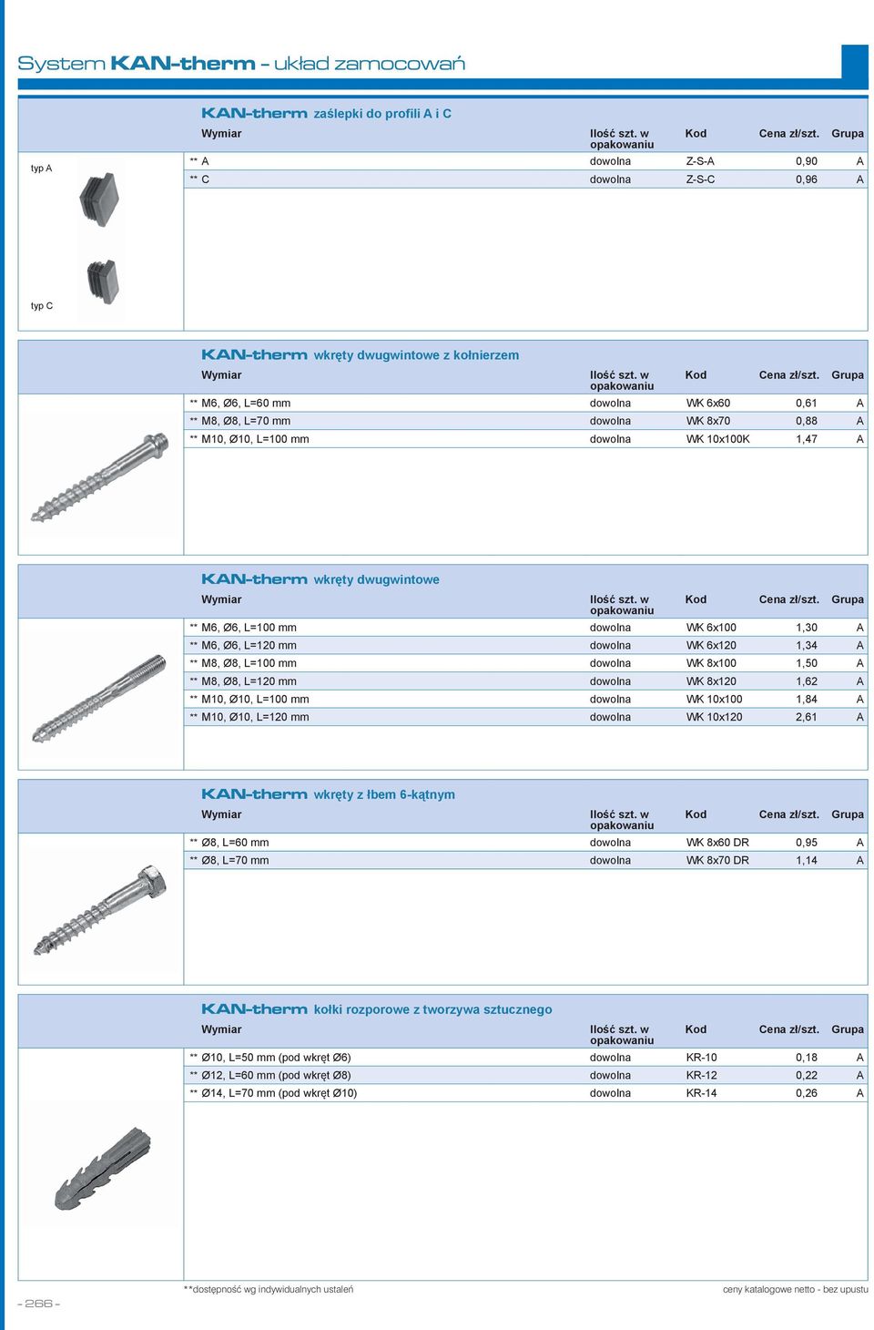 Ø8, L=100 mm dowolna WK 8x100 1,50 A ** M8, Ø8, L=120 mm dowolna WK 8x120 1,62 A ** M10, Ø10, L=100 mm dowolna WK 10x100 1,84 A ** M10, Ø10, L=120 mm dowolna WK 10x120 2,61 A KAN-therm wkręty z łbem