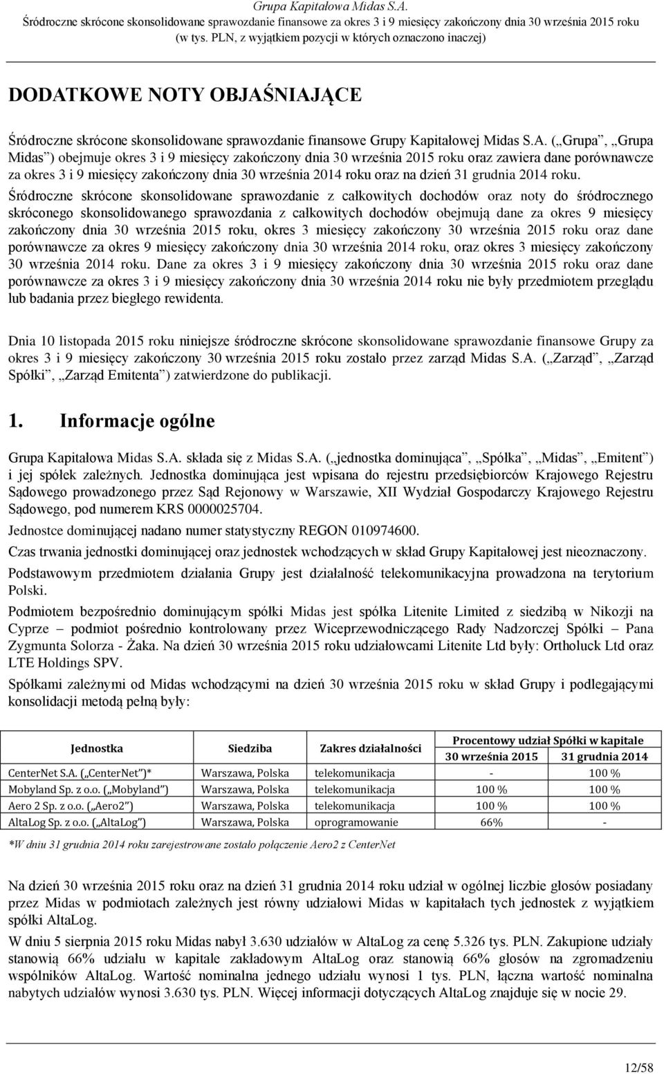 Śródroczne skrócone skonsolidowane sprawozdanie z całkowitych dochodów oraz noty do śródrocznego skróconego skonsolidowanego sprawozdania z całkowitych dochodów obejmują dane za okres 9 miesięcy dnia
