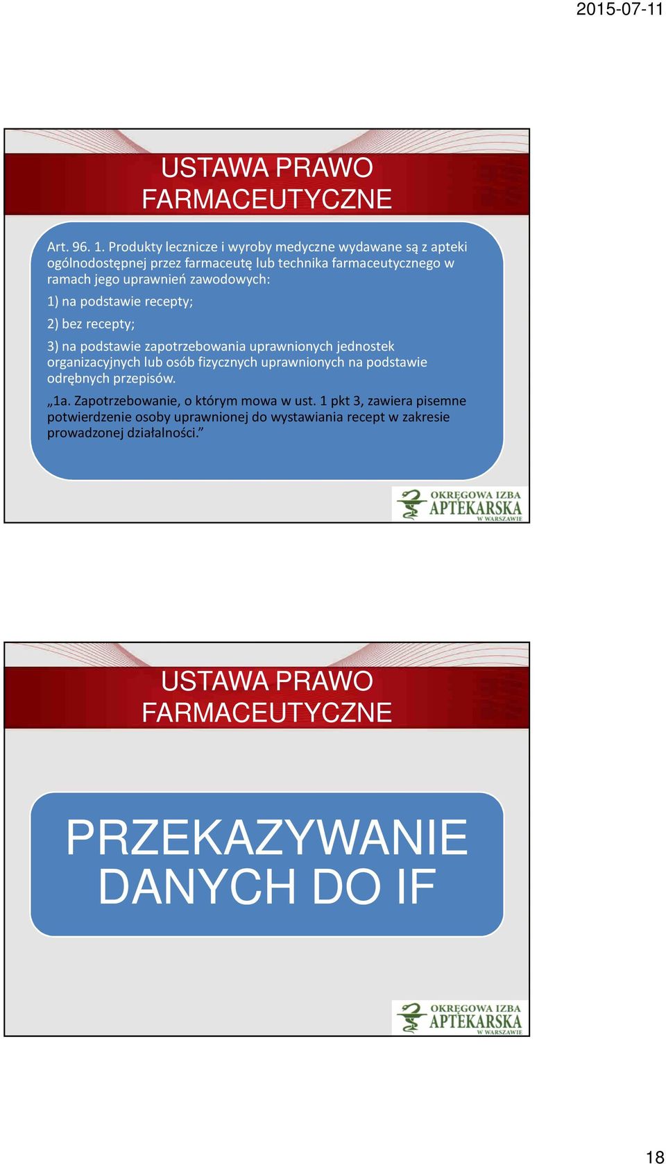 jego uprawnień zawodowych: 1) na podstawie recepty; 2) bez recepty; 3) na podstawie zapotrzebowania uprawnionych jednostek