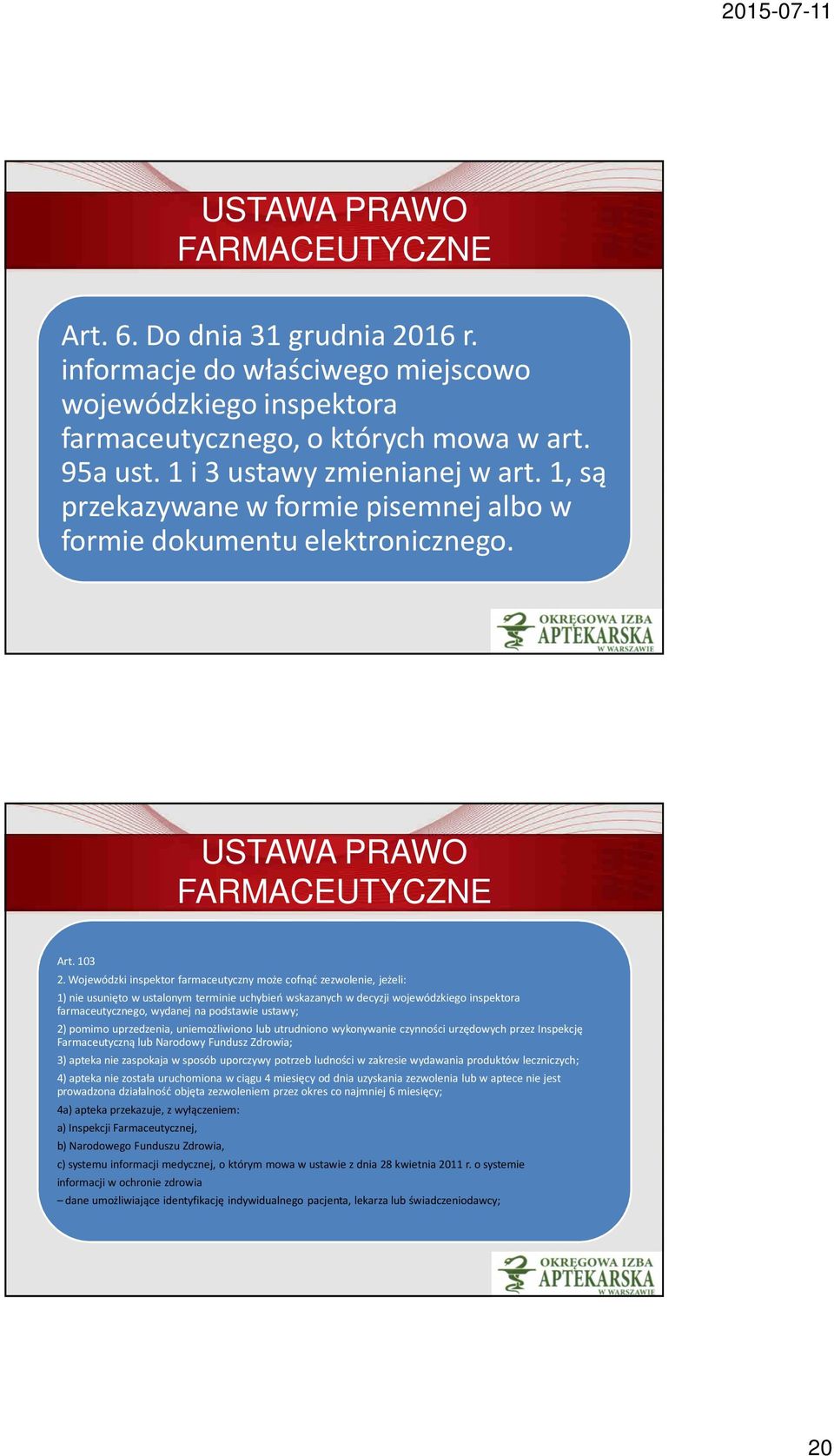 Wojewódzki inspektor farmaceutyczny może cofnąć zezwolenie, jeżeli: 1) nie usunięto w ustalonym terminie uchybień wskazanych w decyzji wojewódzkiego inspektora farmaceutycznego, wydanej na podstawie