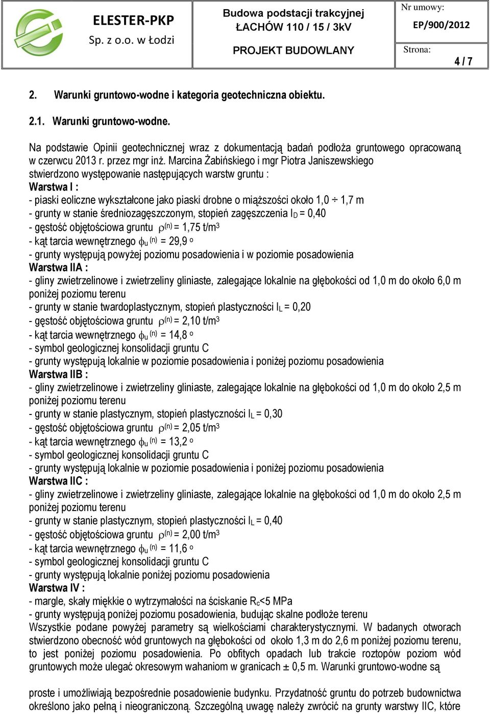 Marcina Żabińskiego i mgr Piotra Janiszewskiego stwierdzono występowanie następujących warstw gruntu : Warstwa I : - piaski eoliczne wykształcone jako piaski drobne o miąższości około 1,0 1,7 m -