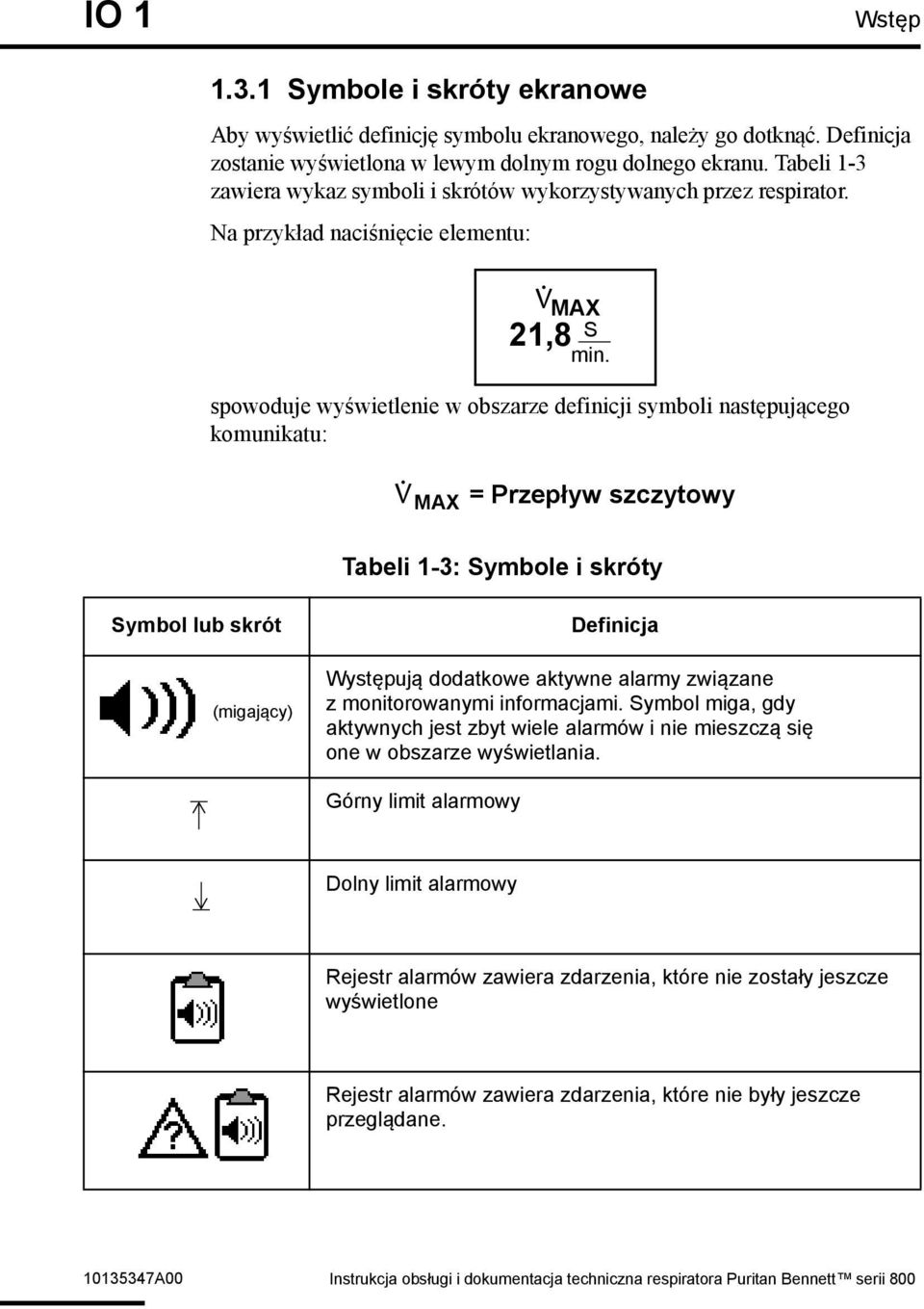 spowoduje wyświetlenie w obszarze definicji symboli następującego komunikatu: V MAX = Przepływ szczytowy Tabeli 1-3: Symbole i skróty Symbol lub skrót (migający) Definicja Występują dodatkowe aktywne