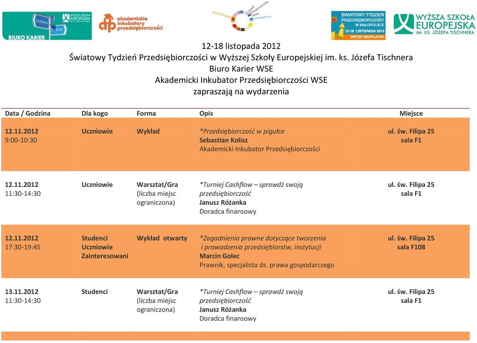 2012 11:30-14:30 Warsztat/Gra (liczba miejsc ograniczona) *Turniej Cashflow sprawdź swoją przedsiębiorczość Janusz Różanka Doradca finansowy 12.11.2012 17:30-19:45 *Zagadnienia prawne dotyczące tworzenia i prowadzenia przedsiębiorstw, instytucji Marcin Golec Prawnik, specjalista ds.