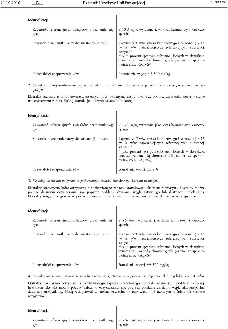 substancji lotnych (Łącznie w % w/w kwasu karnozowego i karnozolu) 15 (w % w/w najważniejszych referencyjnych substancji lotnych)* (* jako procent łącznych substancji lotnych w ekstrakcie,