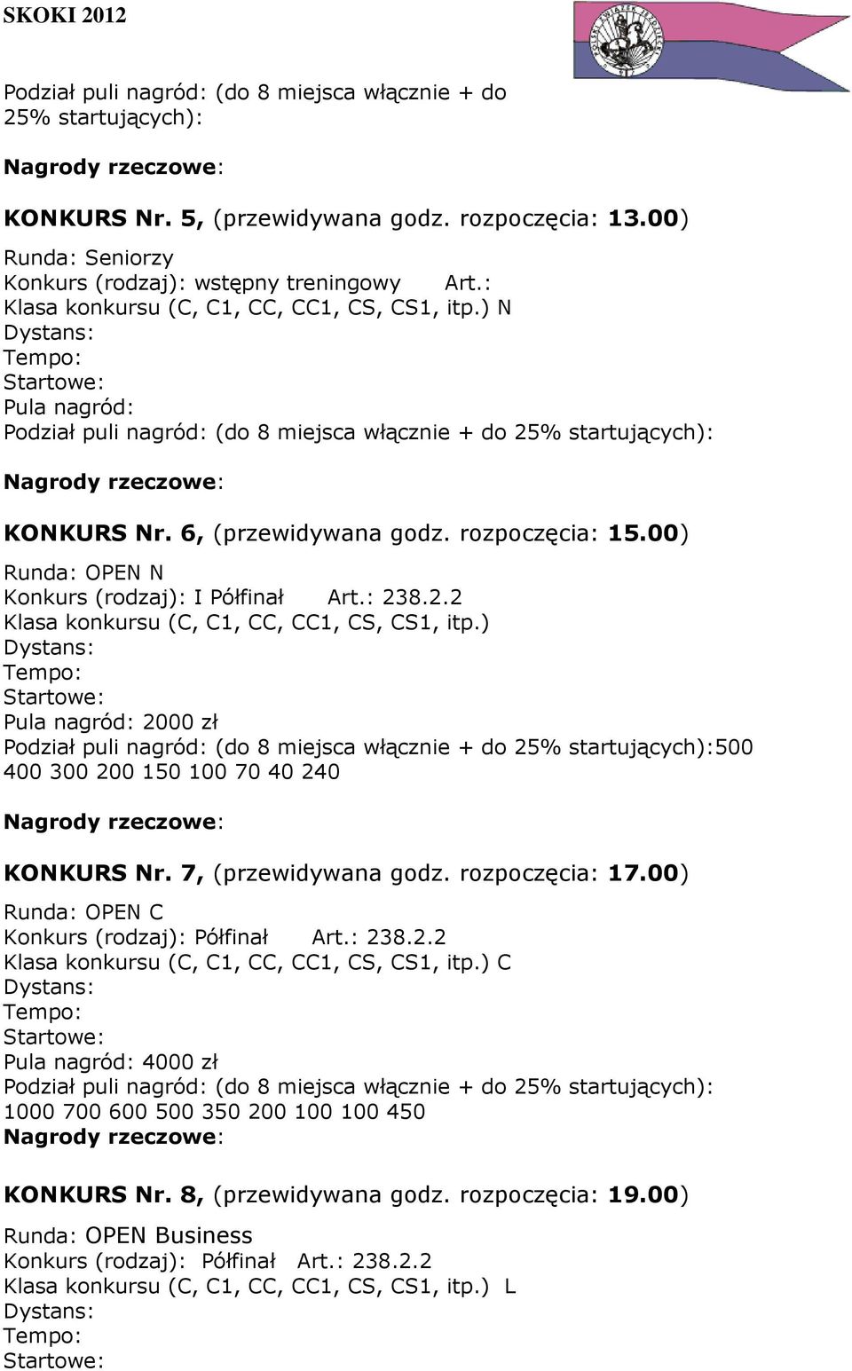 8.2.2 Klasa konkursu (C, C1, CC, CC1, CS, CS1, itp.) Pula nagród: 2000 zł 500 400 300 200 150 100 70 40 240 KONKURS Nr. 7, (przewidywana godz. rozpoczęcia: 17.